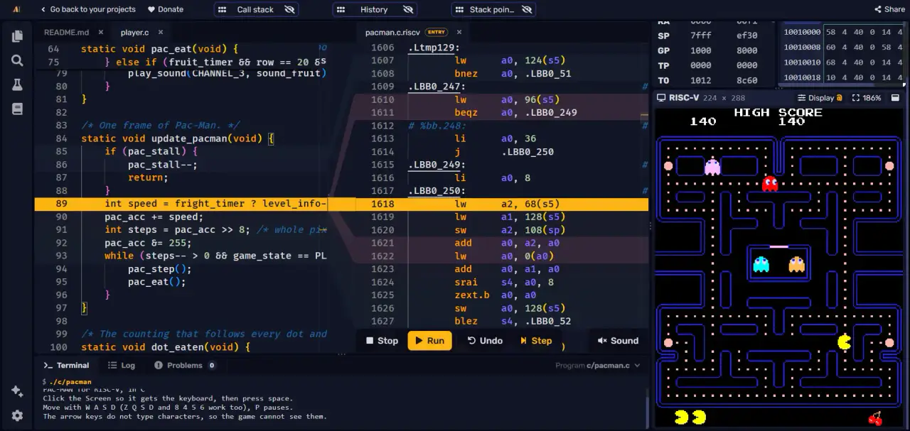 ASM Editor running a Pac-Man game written in C for RISC-V, with the C source, the generated assembly highlighted on the current line, registers, memory and the game screen side by side.