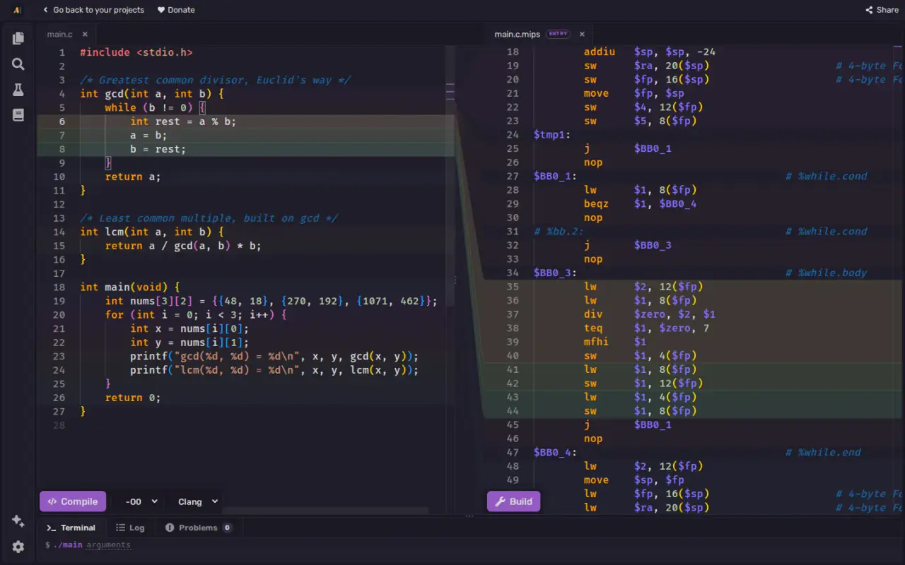 A C program computing gcd and lcm beside the MIPS assembly Clang generated, with three selected C lines and the assembly blocks they became highlighted in matching colors.