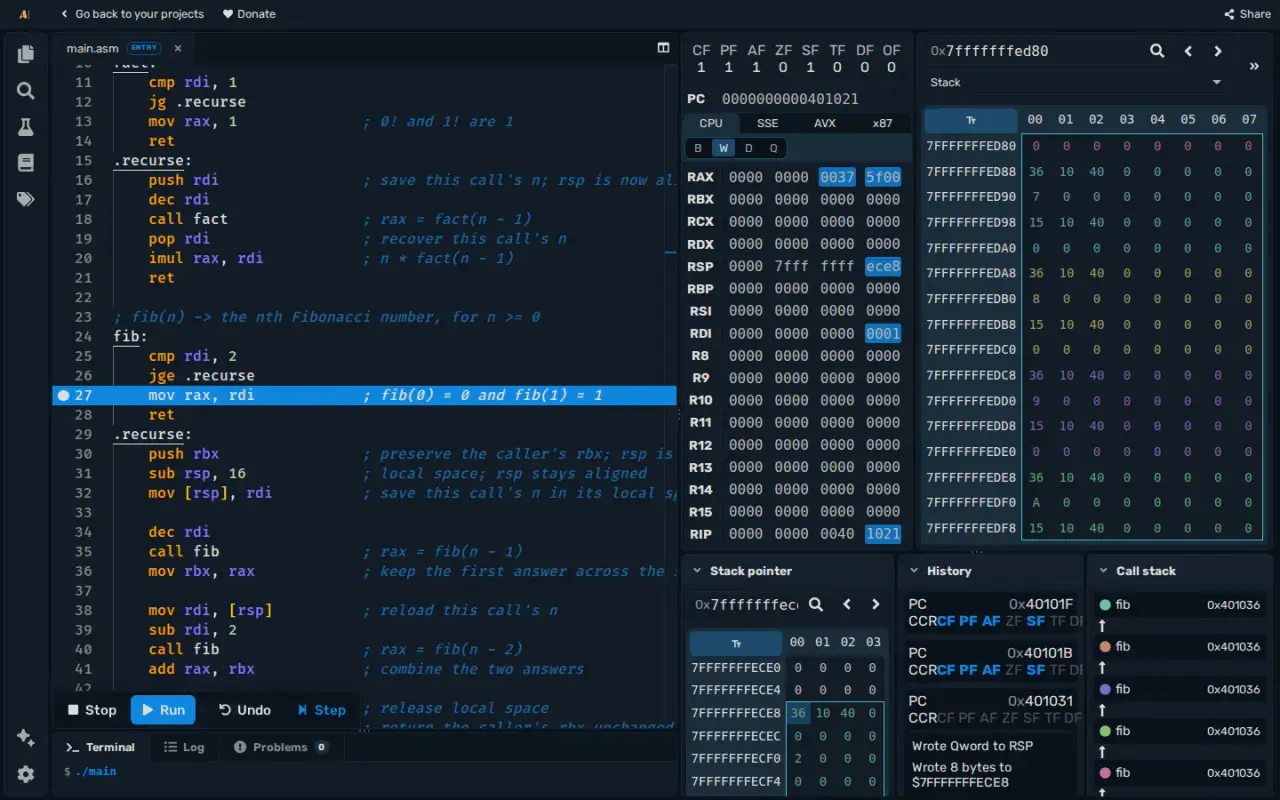 An x86-64 recursive Fibonacci program paused at a breakpoint, with changed registers highlighted and the Stack pointer, History and Call stack panels showing the nested calls.