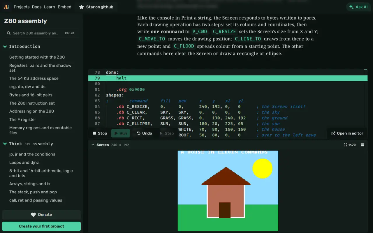 A Z80 course lesson with explanatory text above a playground whose program has drawn a house, a sun and grass on the screen.