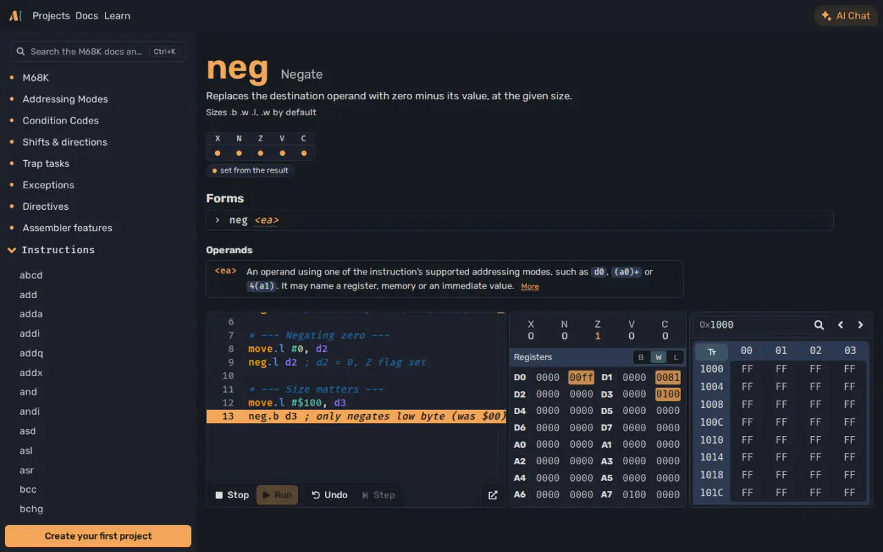 The M68K documentation page for the neg instruction, showing its flags, form, operands and an example that has been run, with changed registers highlighted.