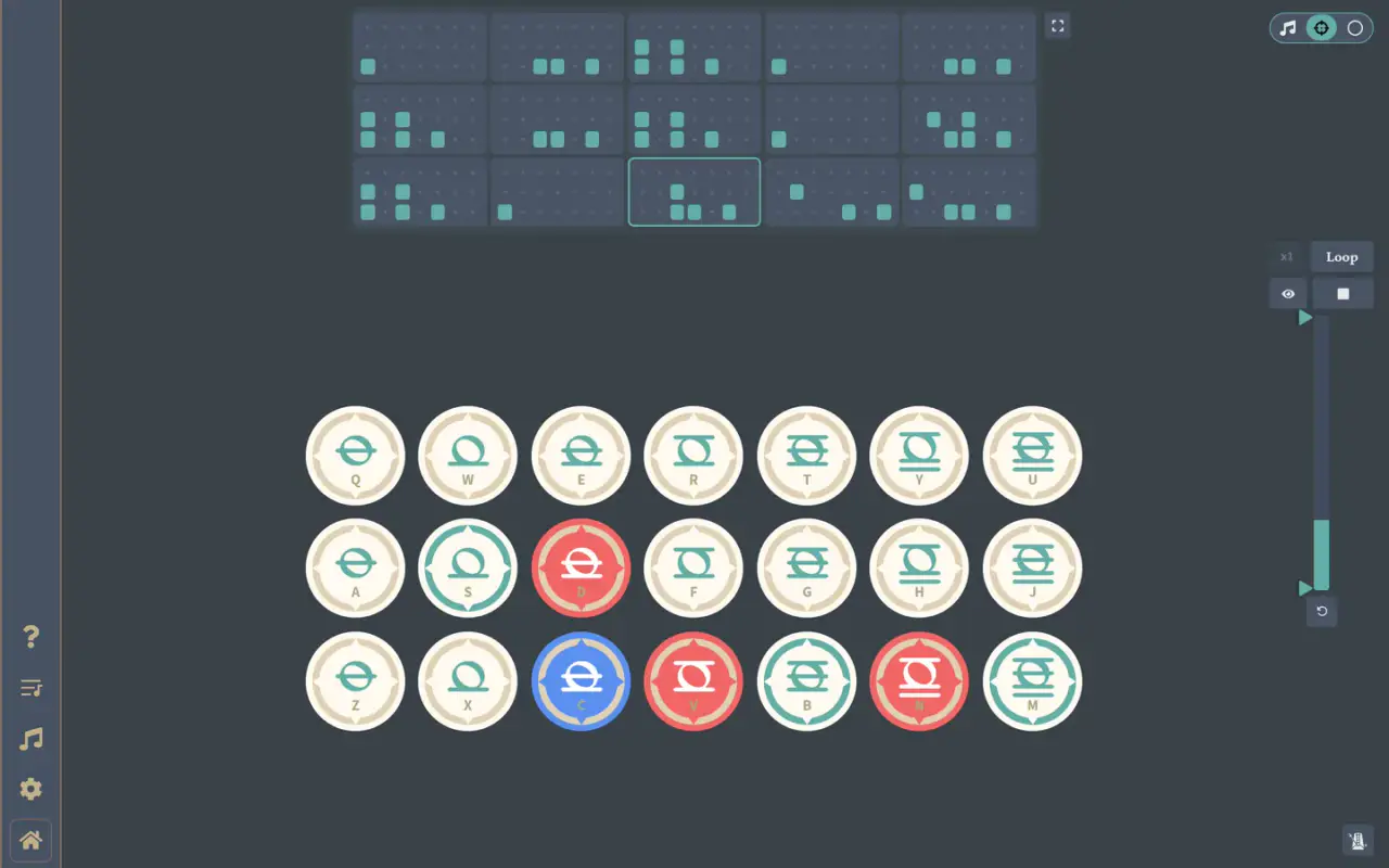 Practice mode playing Through the Fire and Flames on the lyre, with three red keys and one blue key to press now, teal rings on the next keys, and the song's note sheet above.