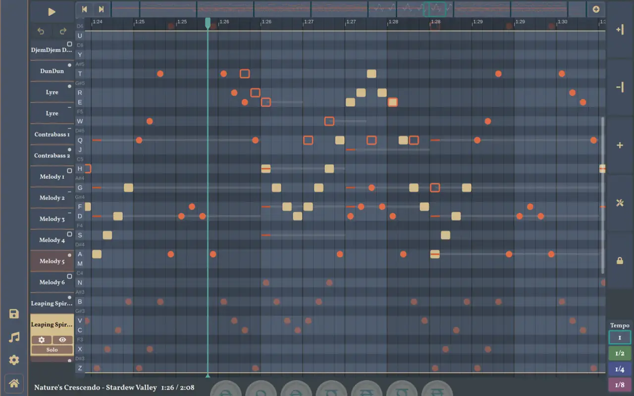 The PRO composer with Nature's Crescendo from Stardew Valley, imported from a Sky sheet, with a piano track's notes highlighted among the song's other tracks.