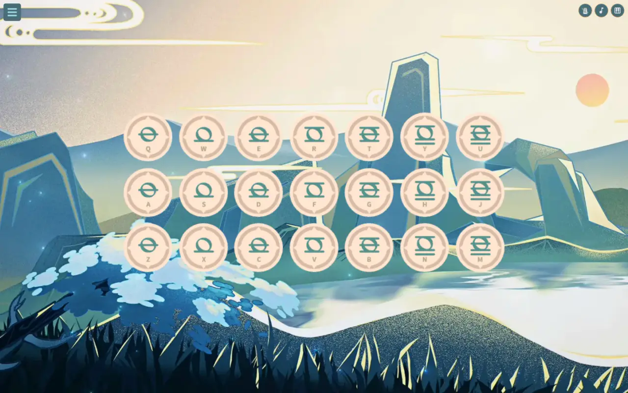 The 21-key lyre keyboard on an illustrated Liyue landscape at sunset.