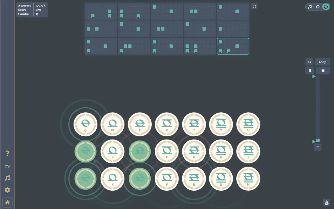 Approach mode, with rings closing in on the lyre keys, green hits and 100% accuracy.