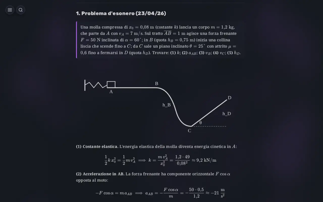 A dark-theme physics lecture showing an exam problem in a purple-bordered callout, a line diagram of a spring launching a block over a hill and up a slope, and worked equations below.