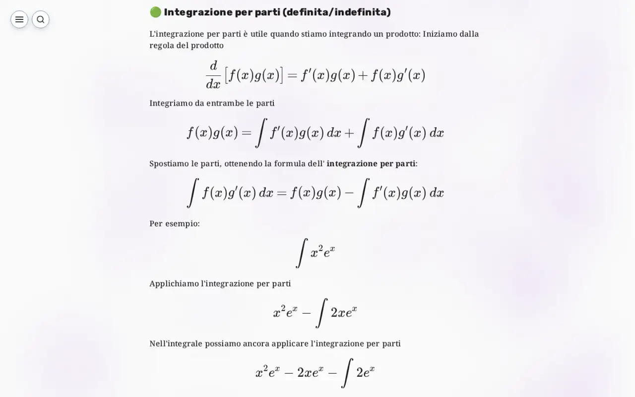 A light-theme calculus lecture on integration by parts with large typeset integral equations between short explanations.