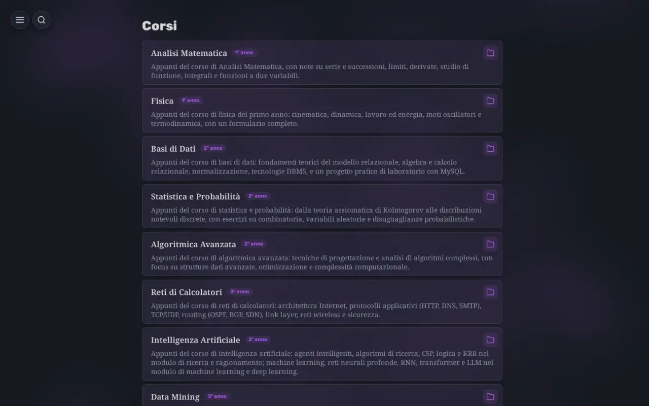 The Informatica degree page listing courses such as Analisi Matematica, Fisica, Basi di Dati and Reti di Calcolatori, each with a short description and a year tag.