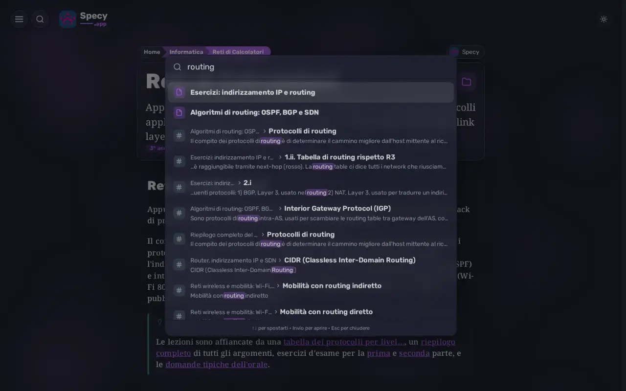 The search dialog opened over the Reti di Calcolatori course page, with the query "routing" and a list of matching lectures and sections with the term highlighted.