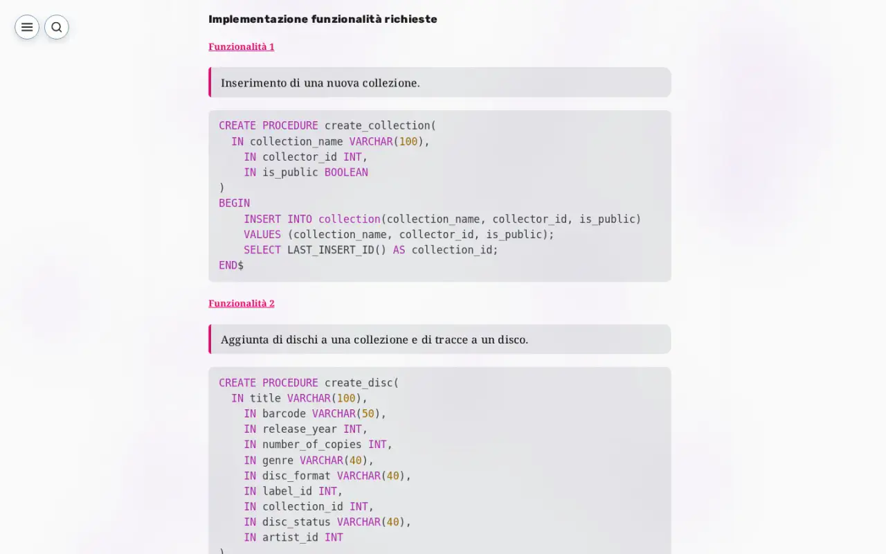 A light-theme database lab page with syntax-highlighted SQL stored procedures, each introduced by a short callout.