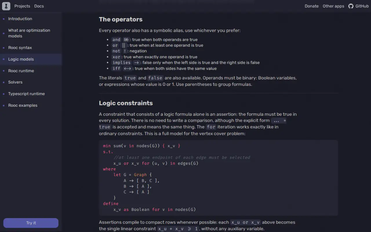 The ROOC documentation page on logic models, listing the logic operators and a vertex cover example over a graph.