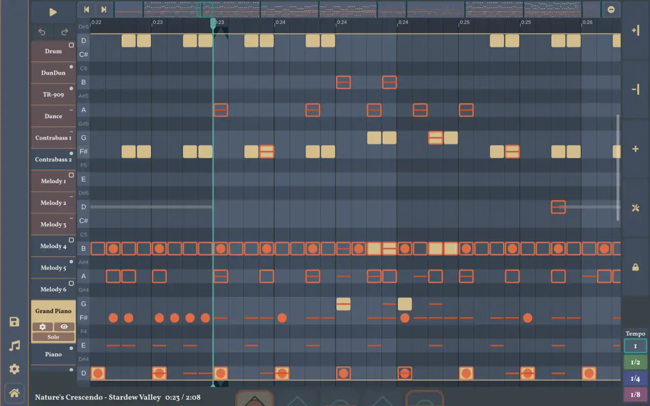 The PRO composer with Nature's Crescendo from Stardew Valley open, the Grand Piano track selected and its notes shown in a piano roll alongside the other tracks' notes.