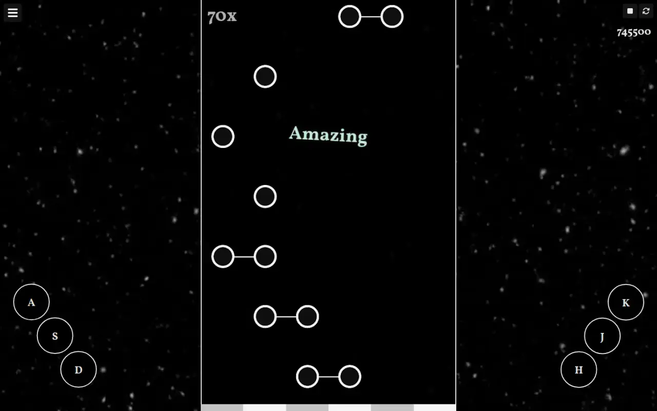 The rhythm game player on the Snowy Night theme, with notes falling down six lanes, a 70x combo and an Amazing rating.